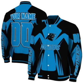 custom carolina panthers spider mark blue black crocs varsity jacket fashion forward.webp