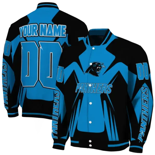 custom carolina panthers spider mark blue black crocs varsity jacket fashion forward.webp