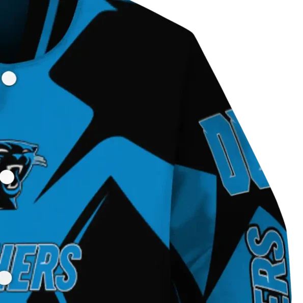 custom carolina panthers spider mark blue black crocs varsity jacket premium grade.webp