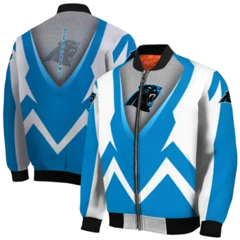 custom carolina panthers v stripes blue white bomber jacket fashion forward