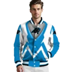 custom carolina panthers v stripes blue white varsity jacket best selling.webp