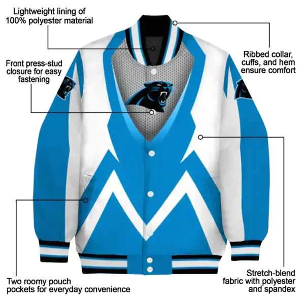 custom carolina panthers v stripes blue white varsity jacket new arrival.webp
