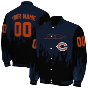 custom chicago bears flame border blue black varsity jacket fashion forward.webp