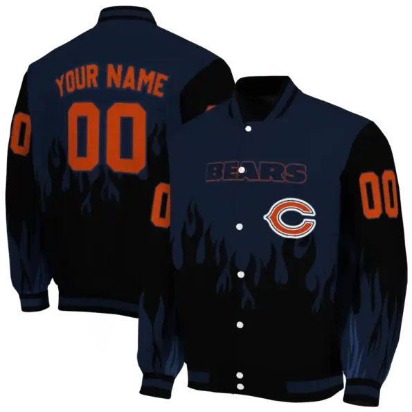 custom chicago bears flame border blue black varsity jacket fashion forward.webp