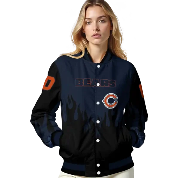 custom chicago bears flame border blue black varsity jacket latest model.webp