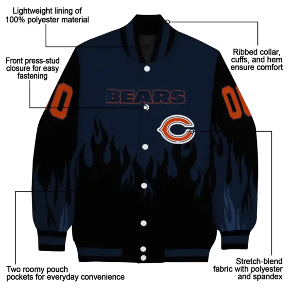 custom chicago bears flame border blue black varsity jacket new arrival.webp
