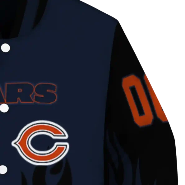 custom chicago bears flame border blue black varsity jacket premium grade.webp