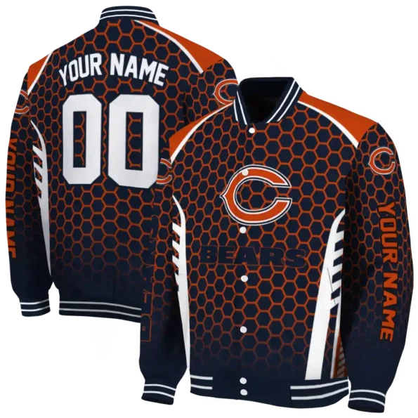 custom chicago bears hexagon grid blue varsity jacket fashion forward.webp