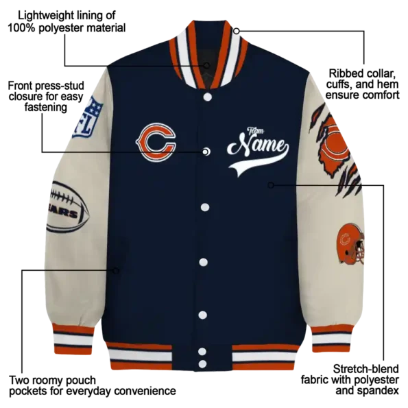 custom chicago bears razorback outline blue nude varsity jacket new arrival.webp
