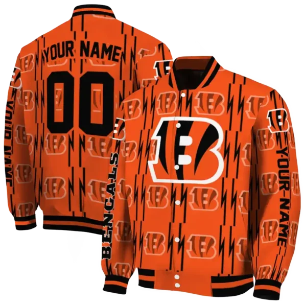 custom cincinnati bengals bolt stripe orange varsity jacket fashion forward.webp