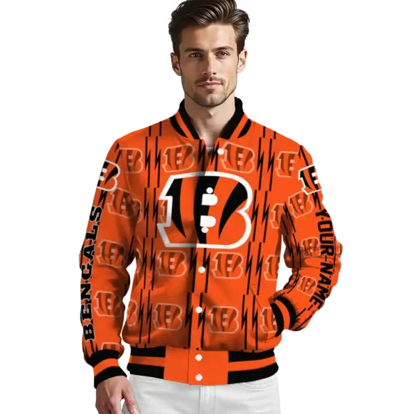 custom cincinnati bengals bolt stripe orange varsity jacket high quality.webp