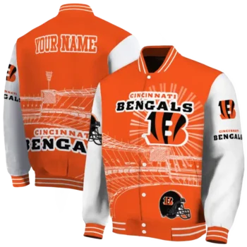 custom cincinnati bengals ferris arena orange white varsity jacket fashion forward.webp