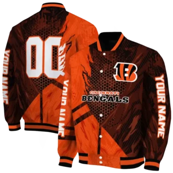 custom cincinnati bengals hexagon mesh orange black varsity jacket fashion forward.webp