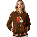 custom cleveland browns chevron arrow brown varsity jacket best selling.webp
