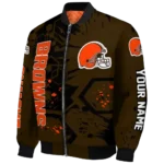 custom cleveland browns hexagon cluster brown black bomber jacket best selling