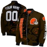 custom cleveland browns hexagon cluster brown black bomber jacket best selling