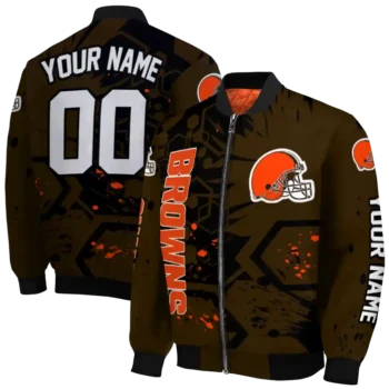 custom cleveland browns hexagon cluster brown black bomber jacket fashion forward