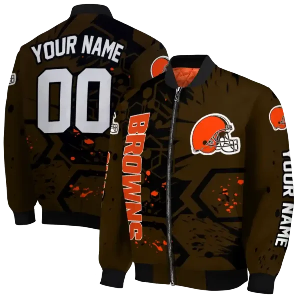 custom cleveland browns hexagon cluster brown black bomber jacket fashion forward