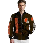 custom cleveland browns hexagon cluster brown black bomber jacket best selling