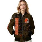 custom cleveland browns hexagon cluster brown black bomber jacket best selling