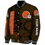 custom cleveland browns hexagon cluster brown black varsity jacket best selling.webp