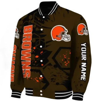 custom cleveland browns hexagon cluster brown black varsity jacket best selling.webp