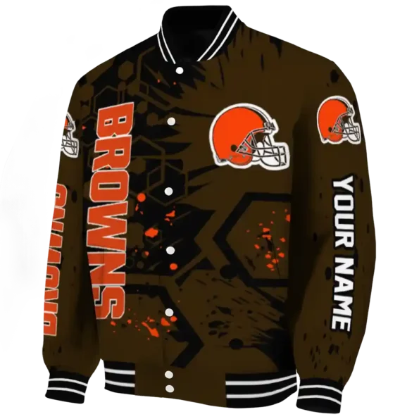 custom cleveland browns hexagon cluster brown black varsity jacket best selling.webp