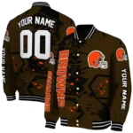 custom cleveland browns hexagon cluster brown black varsity jacket best selling.webp
