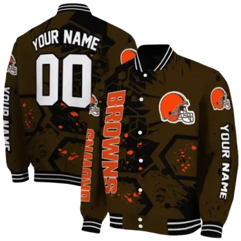custom cleveland browns hexagon cluster brown black varsity jacket fashion forward.webp