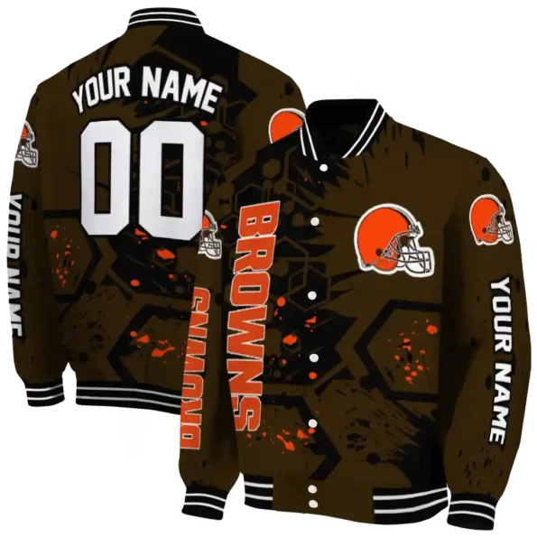 custom cleveland browns hexagon cluster brown black varsity jacket fashion forward.webp