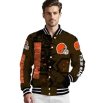 custom cleveland browns hexagon cluster brown black varsity jacket best selling.webp