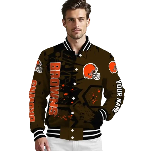 custom cleveland browns hexagon cluster brown black varsity jacket high quality.webp