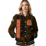 custom cleveland browns hexagon cluster brown black varsity jacket best selling.webp