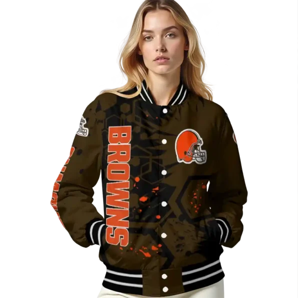 custom cleveland browns hexagon cluster brown black varsity jacket latest model.webp