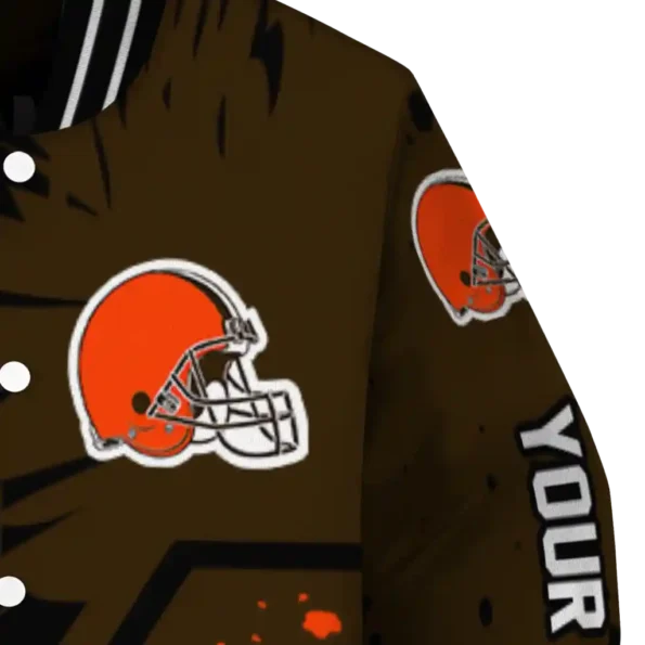 custom cleveland browns hexagon cluster brown black varsity jacket premium grade.webp