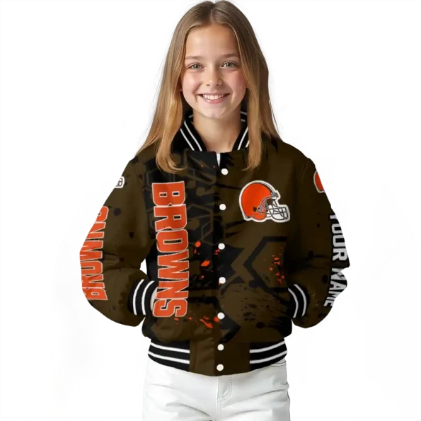 custom cleveland browns hexagon cluster brown black varsity jacket top rated.webp