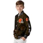 custom cleveland browns hexagon cluster brown black varsity jacket best selling.webp