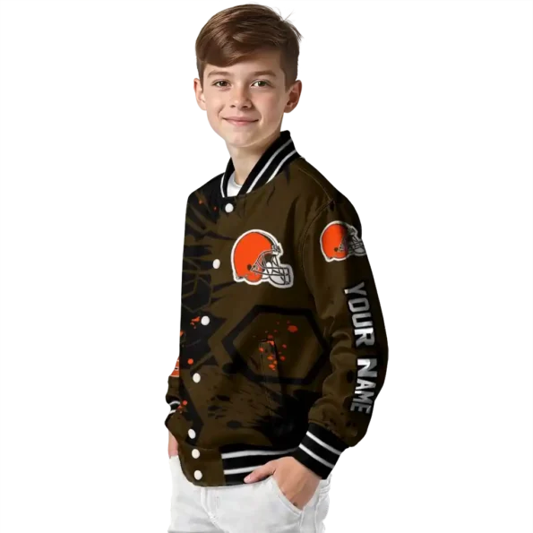custom cleveland browns hexagon cluster brown black varsity jacket trendy.webp