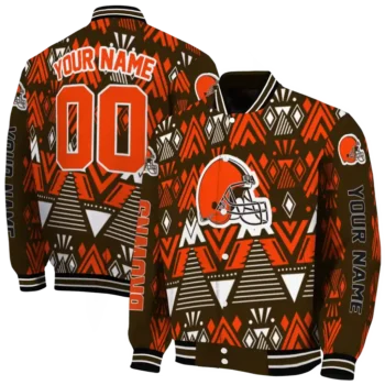 custom cleveland browns pyramid shapes brown varsity jacket fashion forward.webp