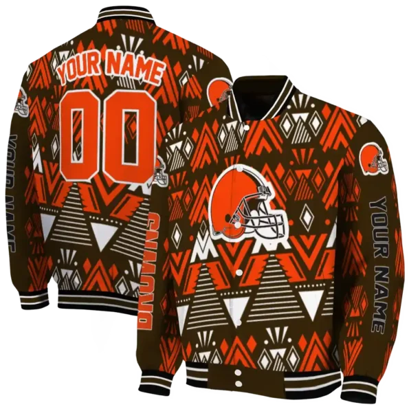 custom cleveland browns pyramid shapes brown varsity jacket fashion forward.webp