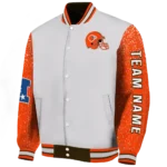 custom cleveland browns speckled arms brown gray varsity jacket best selling.webp