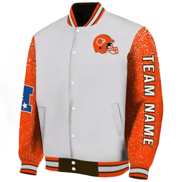 custom cleveland browns speckled arms brown gray varsity jacket best selling.webp