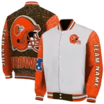custom cleveland browns speckled arms brown gray varsity jacket best selling.webp