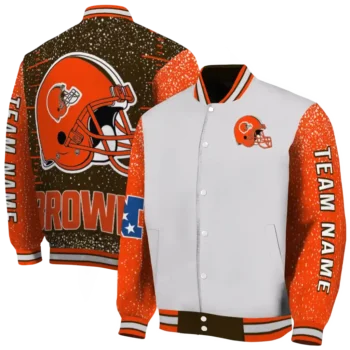 custom cleveland browns speckled arms brown gray varsity jacket fashion forward.webp