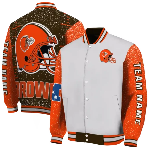 custom cleveland browns speckled arms brown gray varsity jacket fashion forward.webp