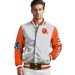 custom cleveland browns speckled arms brown gray varsity jacket best selling.webp