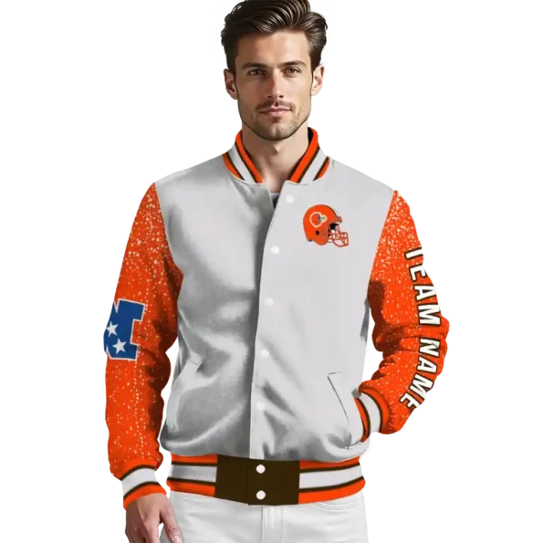 custom cleveland browns speckled arms brown gray varsity jacket high quality.webp