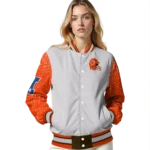 custom cleveland browns speckled arms brown gray varsity jacket best selling.webp