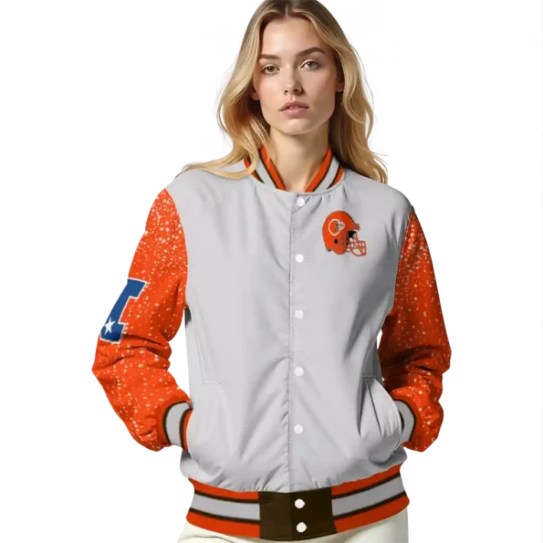 custom cleveland browns speckled arms brown gray varsity jacket latest model.webp