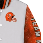 custom cleveland browns speckled arms brown gray varsity jacket best selling.webp